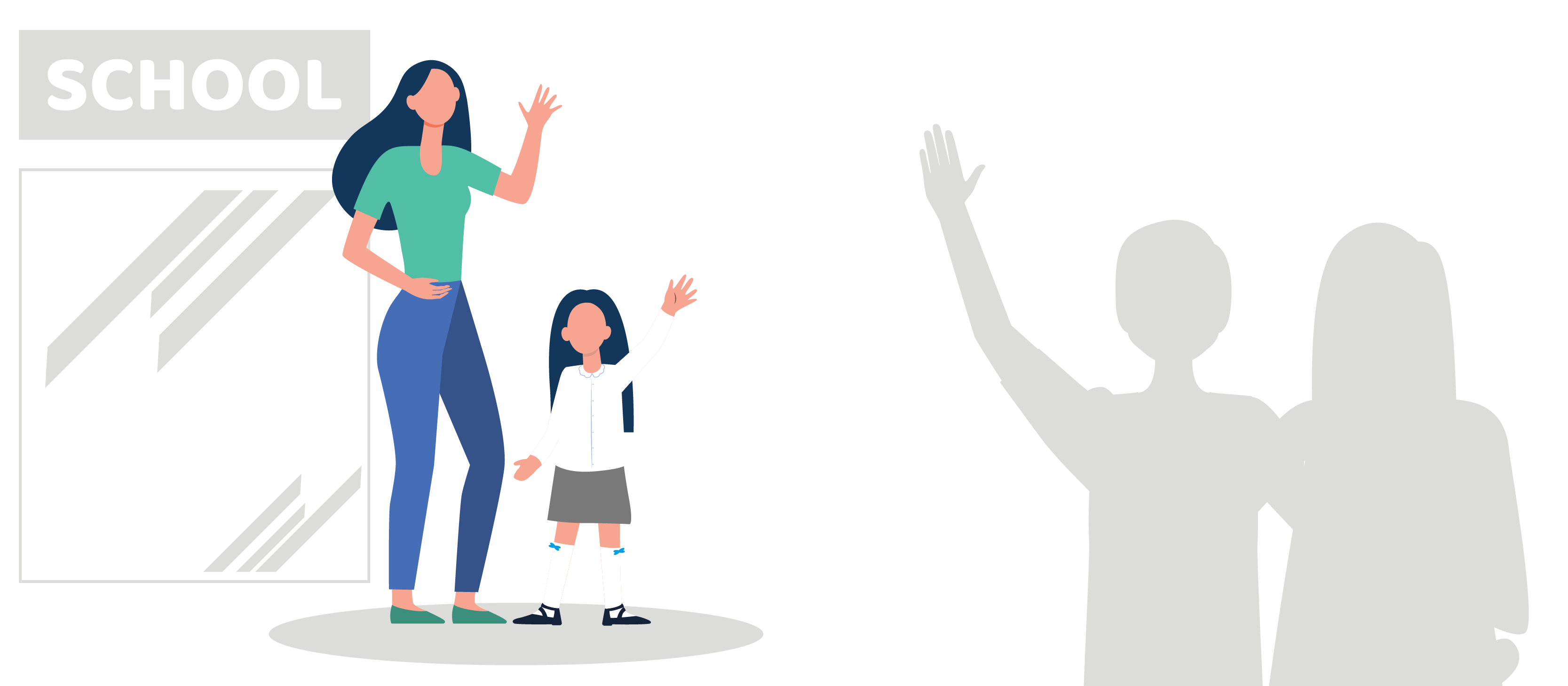 Child being waved off to school by her parents